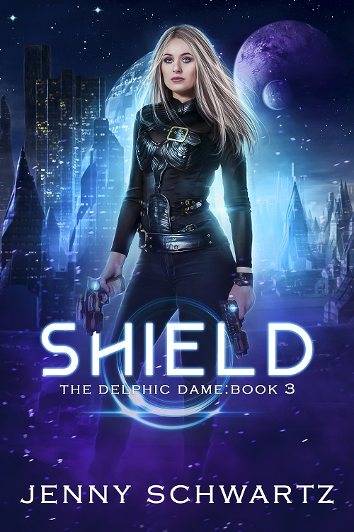 Cover of Shield, blonde woman against a blue space background, science fiction,
