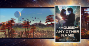 The cover of "A House by Any Other Name" against the backdrop of an alien planet.
