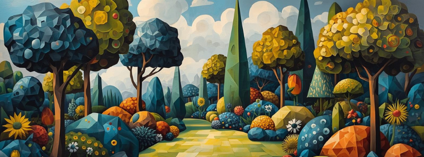 a cubist painting of a garden